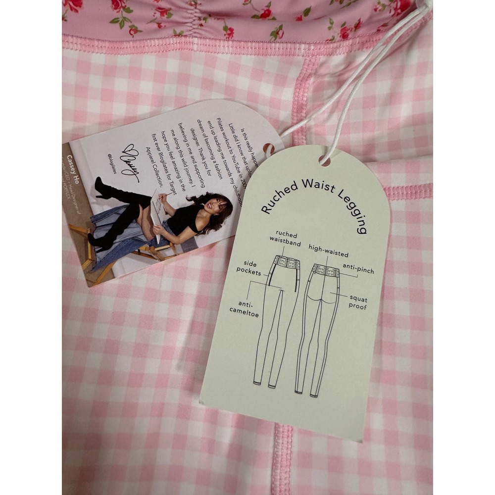 Blogilates Pink Gingham Ruched Waist Leggings Floral High Rise Pockets 2X NEW - Picture 2 of 5